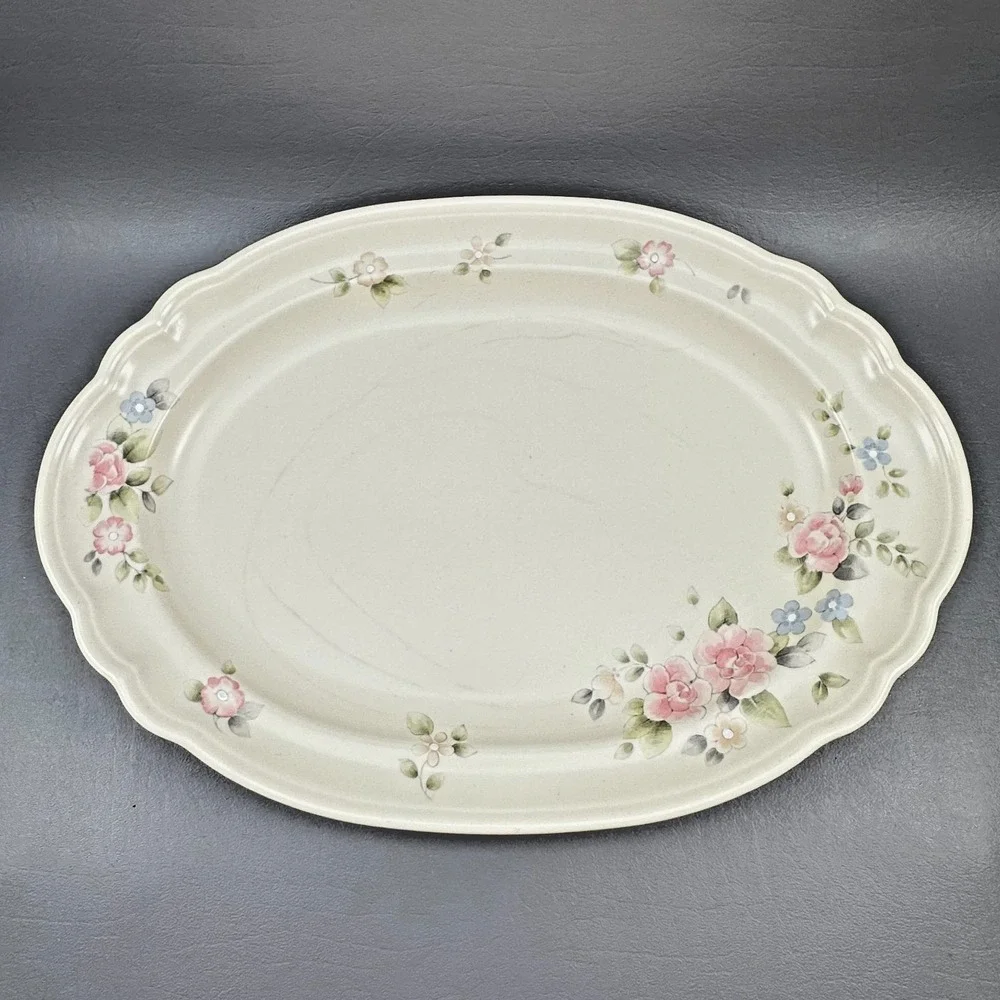Pfaltzgraff Tea Rose Platter Pink Floral Stoneware Serving Cottagecore USA Vtg